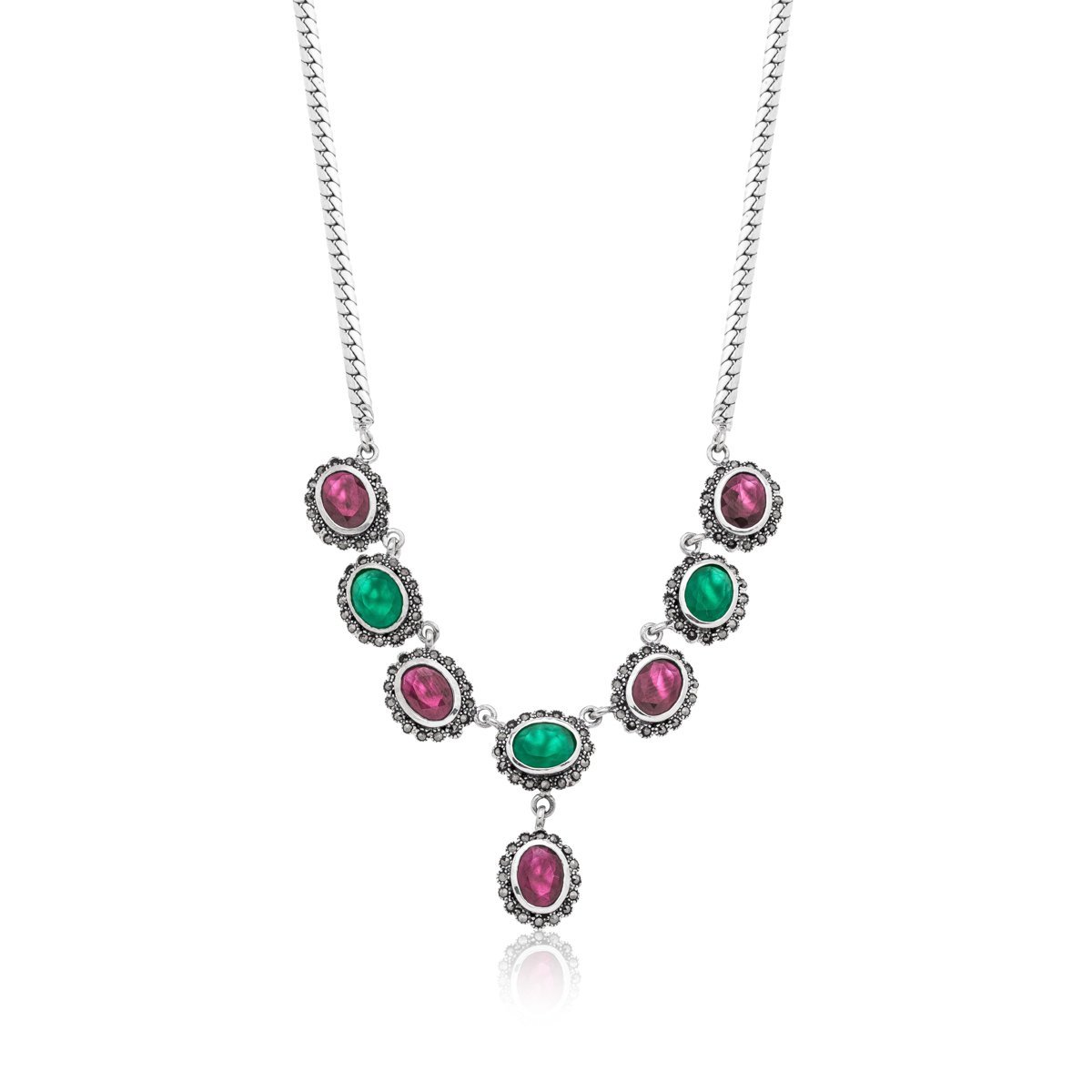 Colar Festa Pedra Natural Esmeralda Indiana e Rubi Indiano Prata 925