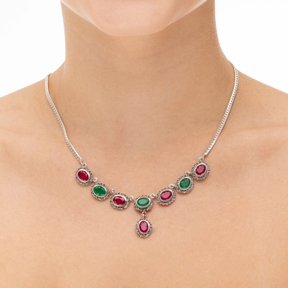 Colar Festa Pedra Natural Esmeralda Indiana e Rubi Indiano Prata 925 Prata 2