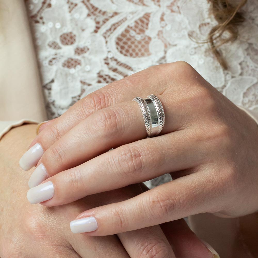 Anel Linhas Trabalhadas e Linha polida Prata 925 Prata 2