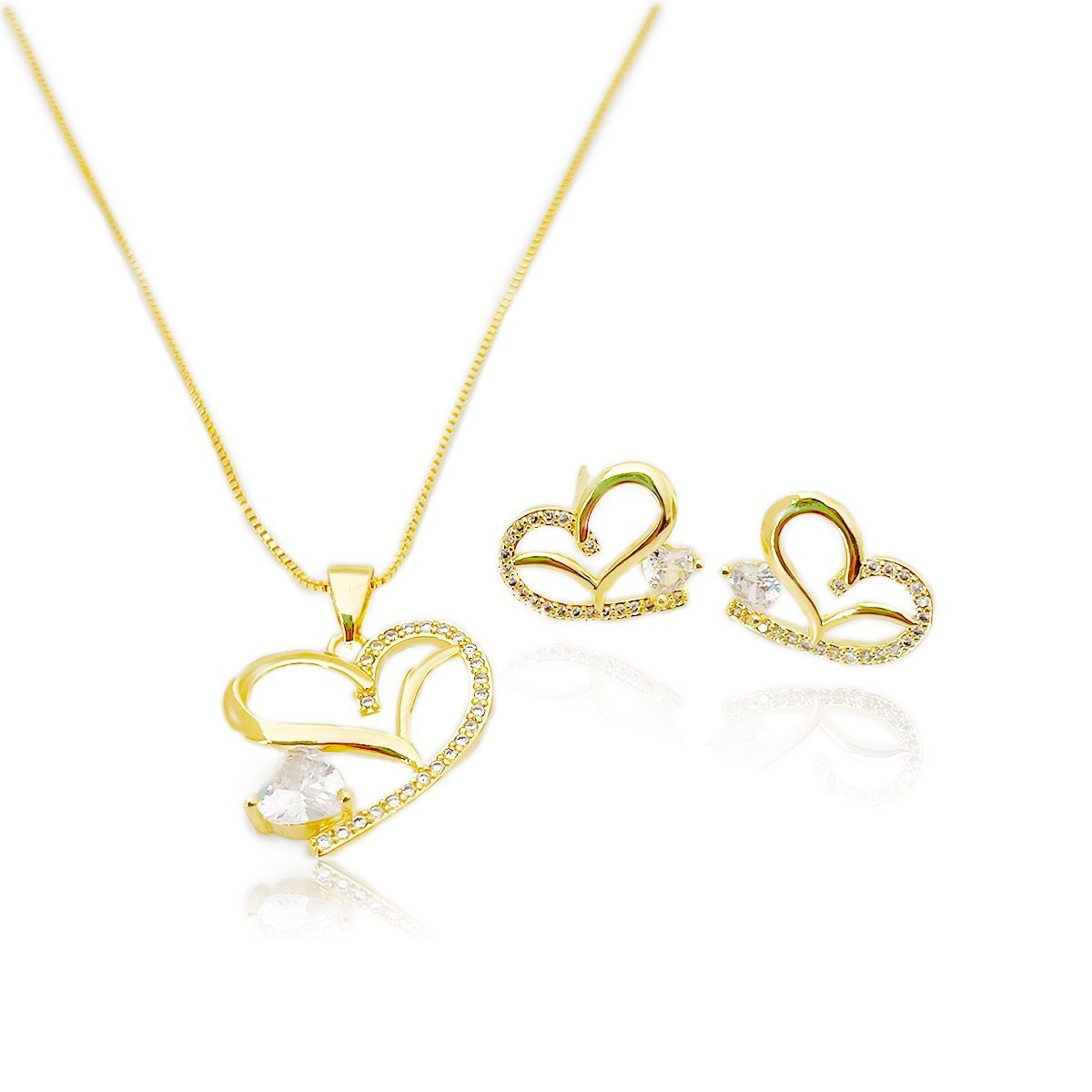 Conjunto Colar e Brincos coração Vazado Banhado a Ouro 18k