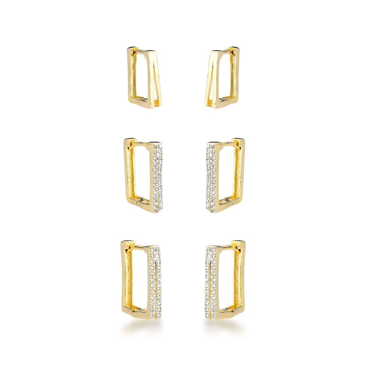 Trio de Brincos Argola Quadrada Banhada a Ouro 18k