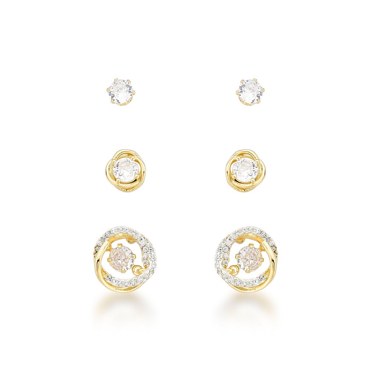 Trio de Brincos circulares cravejados com Zirconias Banhados a Ouro 18k