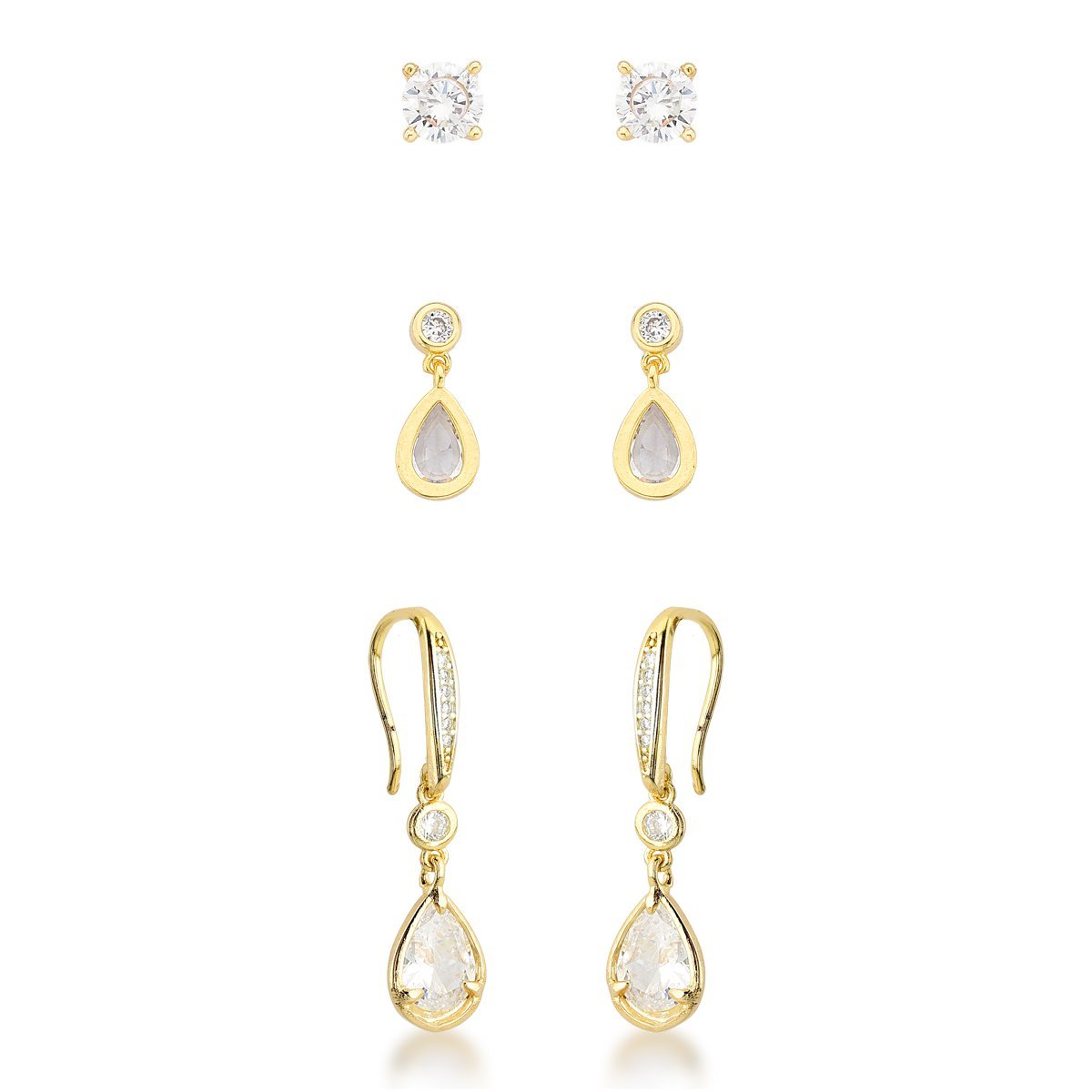 Kit de Brincos de Ouro Banhado 18k – Solitário e Pingente em Gota com Cristais