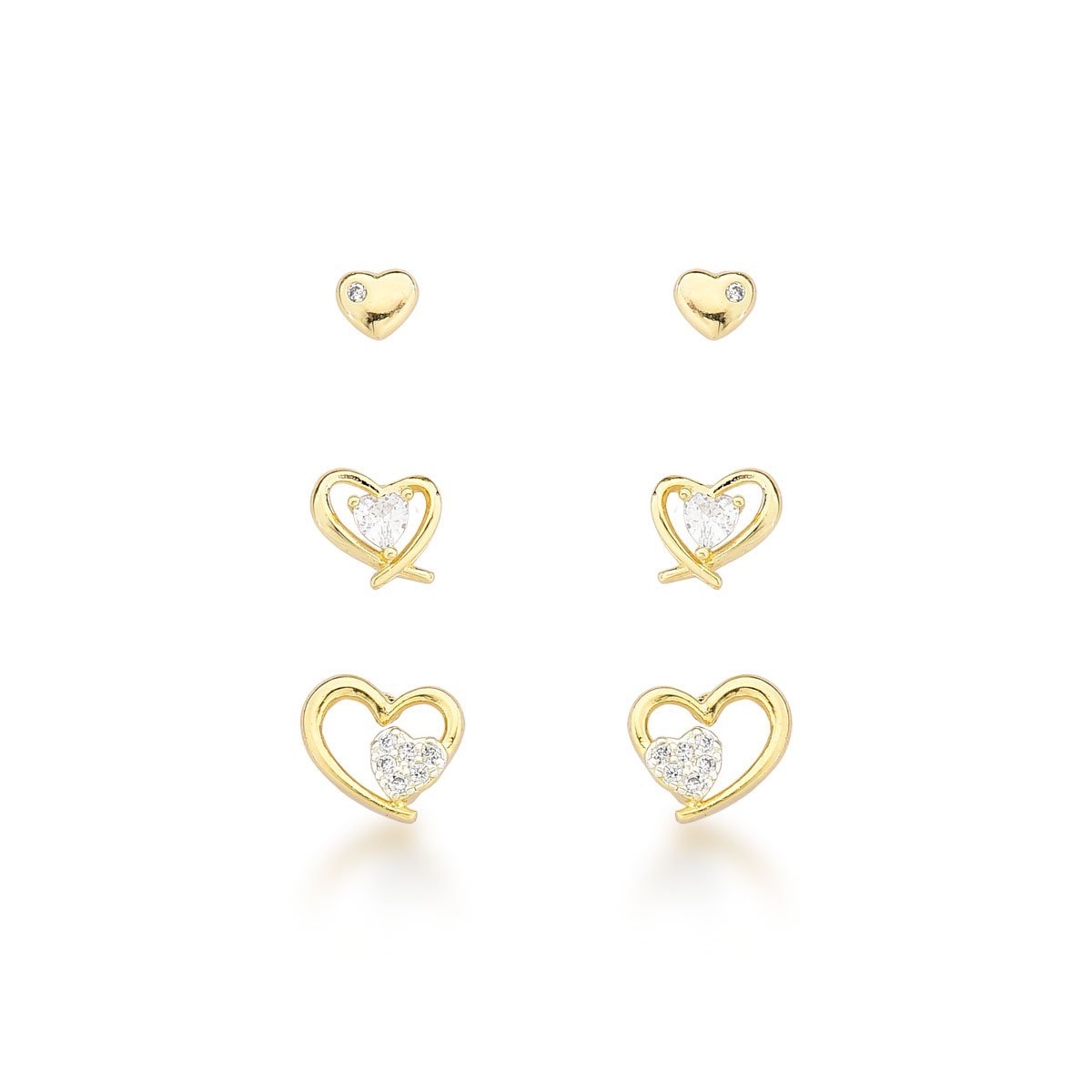 Trio de Brincos Corações Antialergicos Banhados a ouro 18k Dourado 1