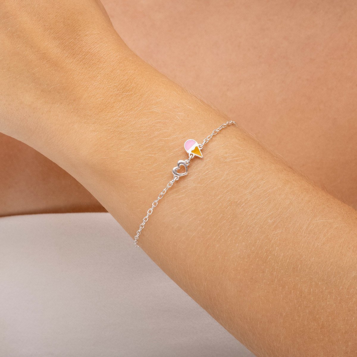 Pulseira Infantil com Sorvete e coração Vazado Prata 925 Prata 2
