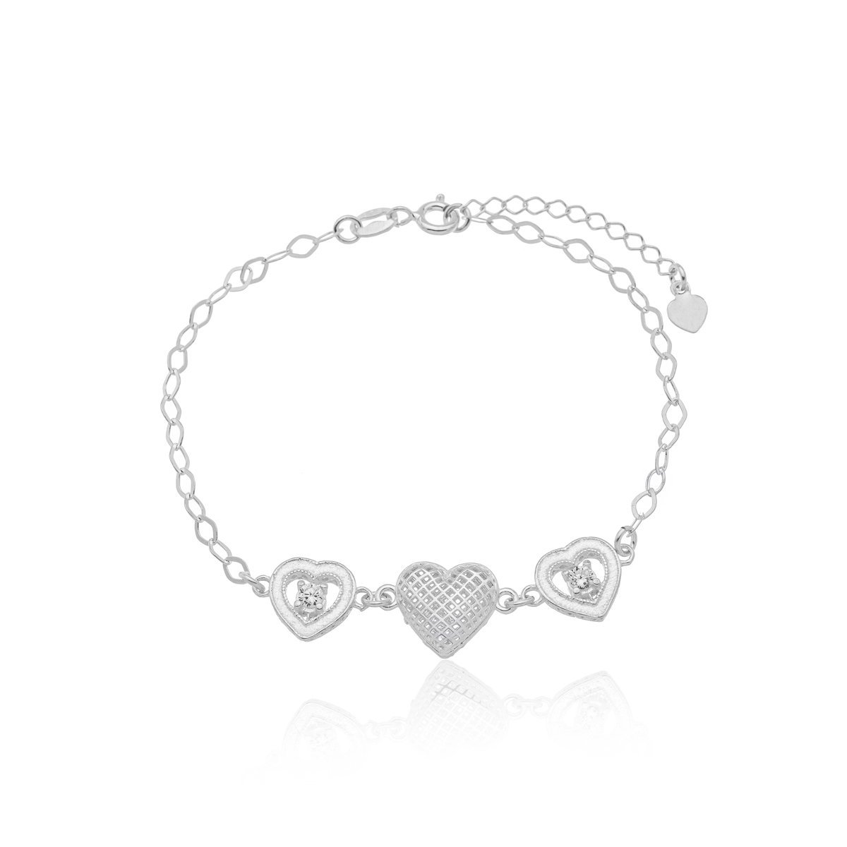 Pulseira Elo Portugues Com Corações Prata 925