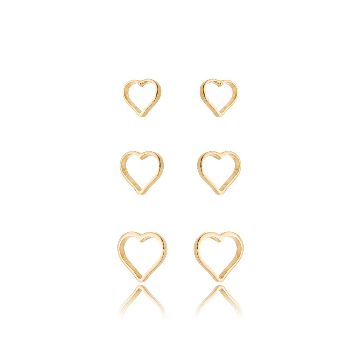 Trio Brincos Vazados Corações Banhado a Ouro 18k