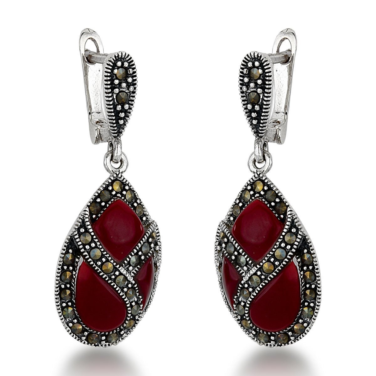 Brinco Gota Marcasitas com Marsala Prata 925