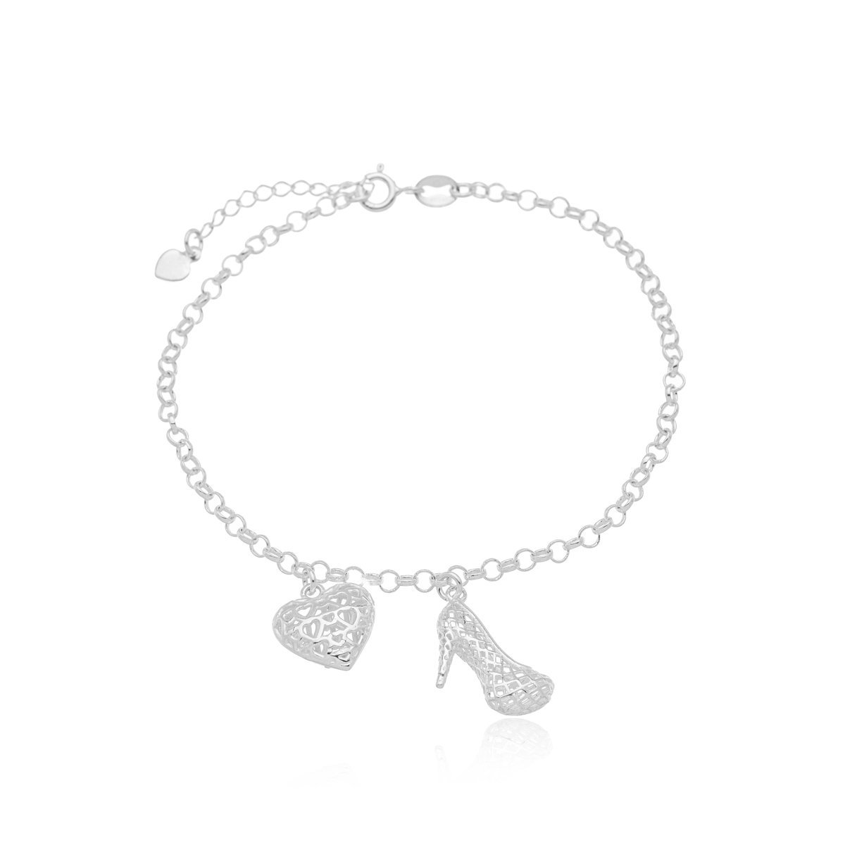 Pulseira Elo Portugues Sapato e Coração 3D Prata 925