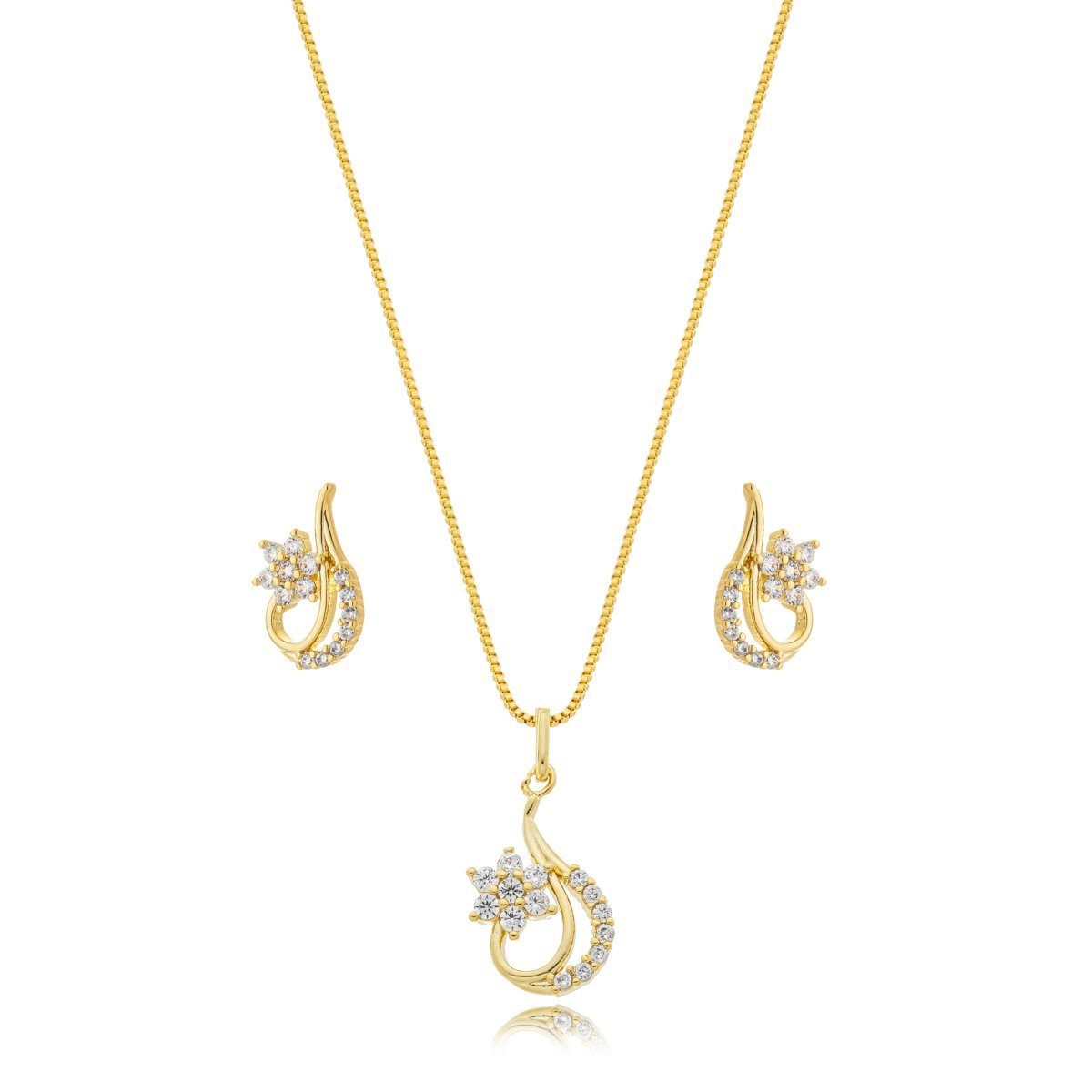 Conjunto Colar e Brincos Gota com Flor Cristal Banhada a Ouro 18k