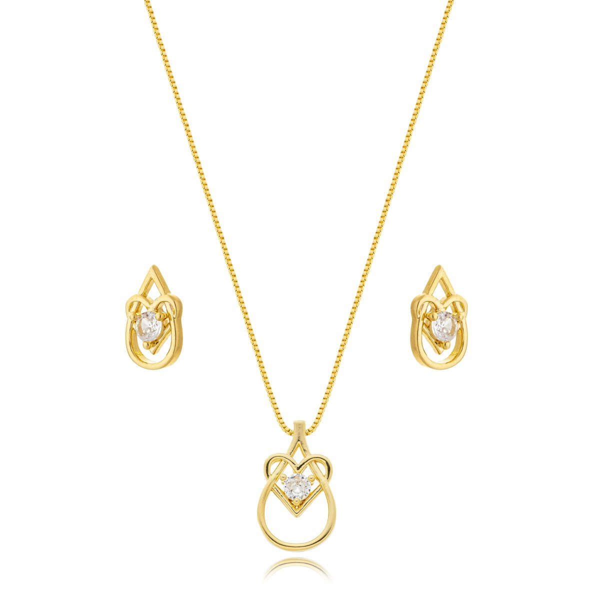Conjunto Colar e Brincos Delicado com Zircônio Cristal Banhada a Ouro 18k