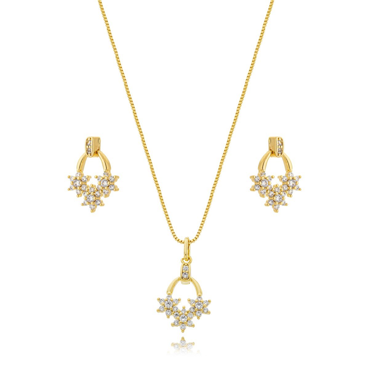 Conjunto Colar e Brincos Minimalista Tres Flores Cristais Banhada a Ouro 18k