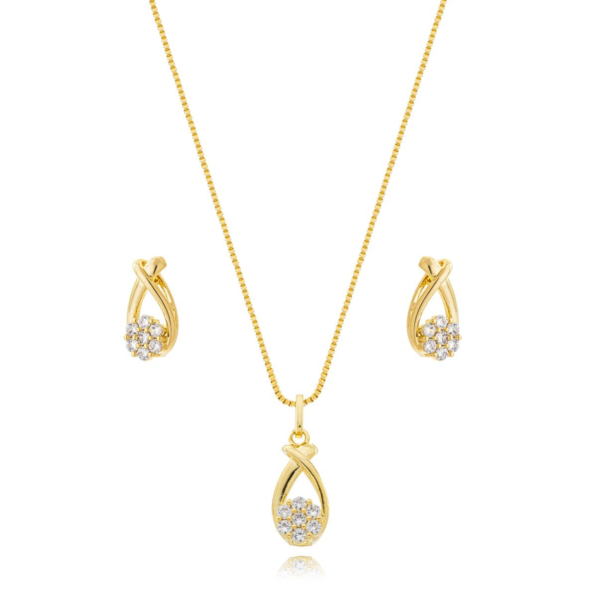 Conjunto Colar e Brincos Gota Cravejada Banhada a Ouro 18k