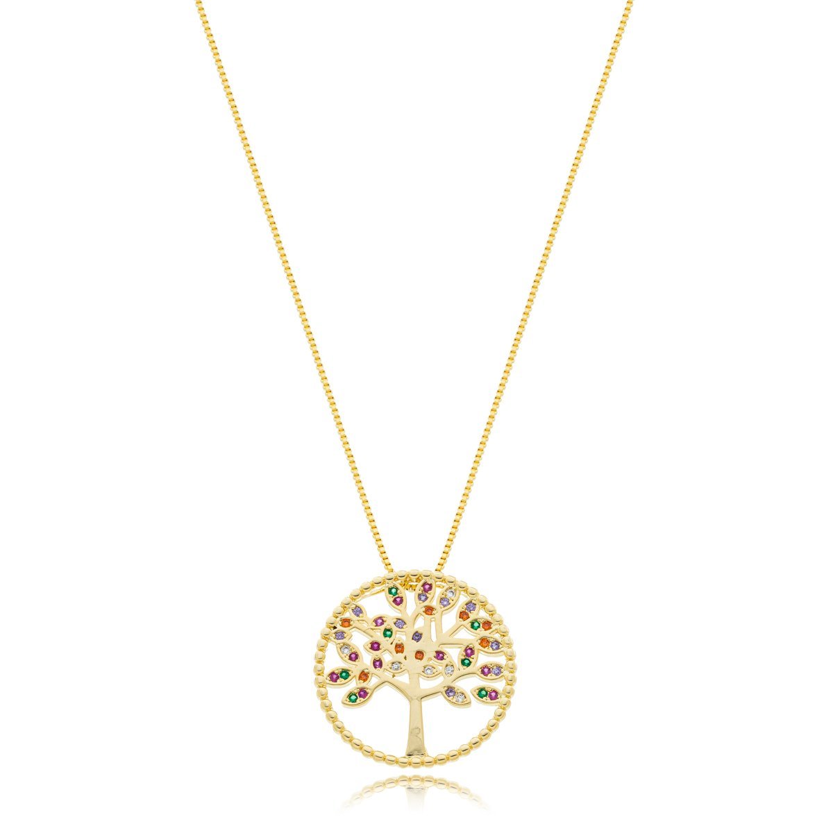 Colar Arvore da Vida Zirconias Coloridas Banhada a Ouro 18k