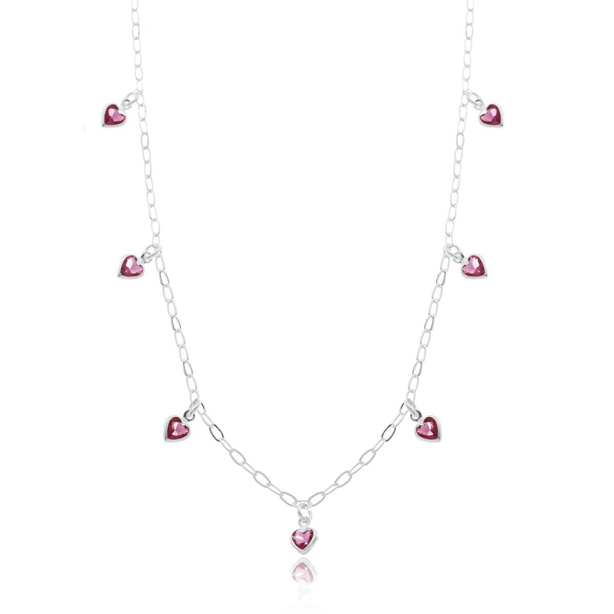 Colar Minimalista Elos com Corações Pink Prata 925