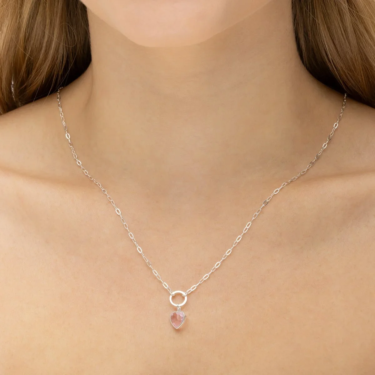 Colar Minimalista Elos com Coração Rosa Prata 925 Prata 2