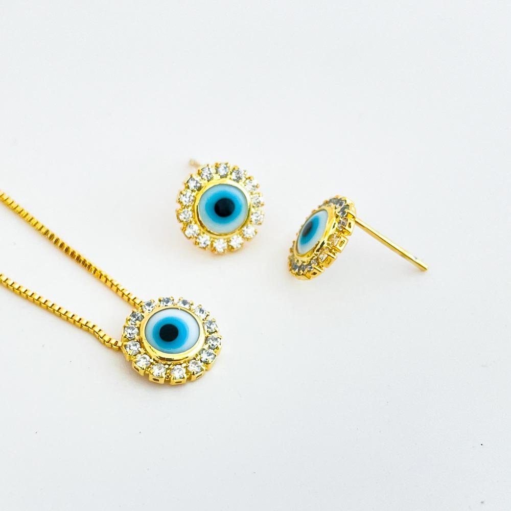 Conjunto Colar e Brincos Olho Grego Banhad a Ouro 18k