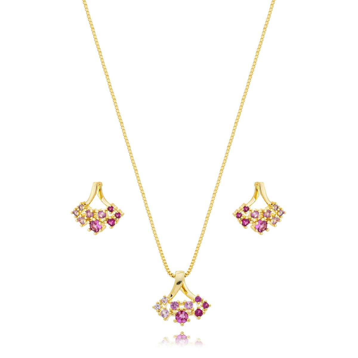 Conjunto Colar e Brincos Leque Vermelho Banhado a Ouro 18k Dourado 2