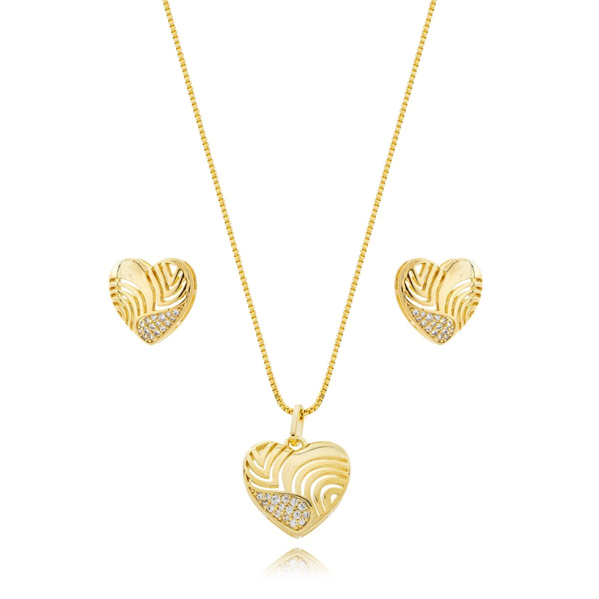 Conjunto Colar e Brincos Coração desenhado Banhado a Ouro 18k