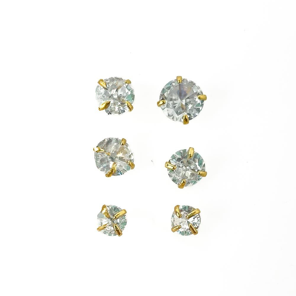 Trio Brinco Ponto de Luz 4-5 e 6mm Banhado a Ouro 18k