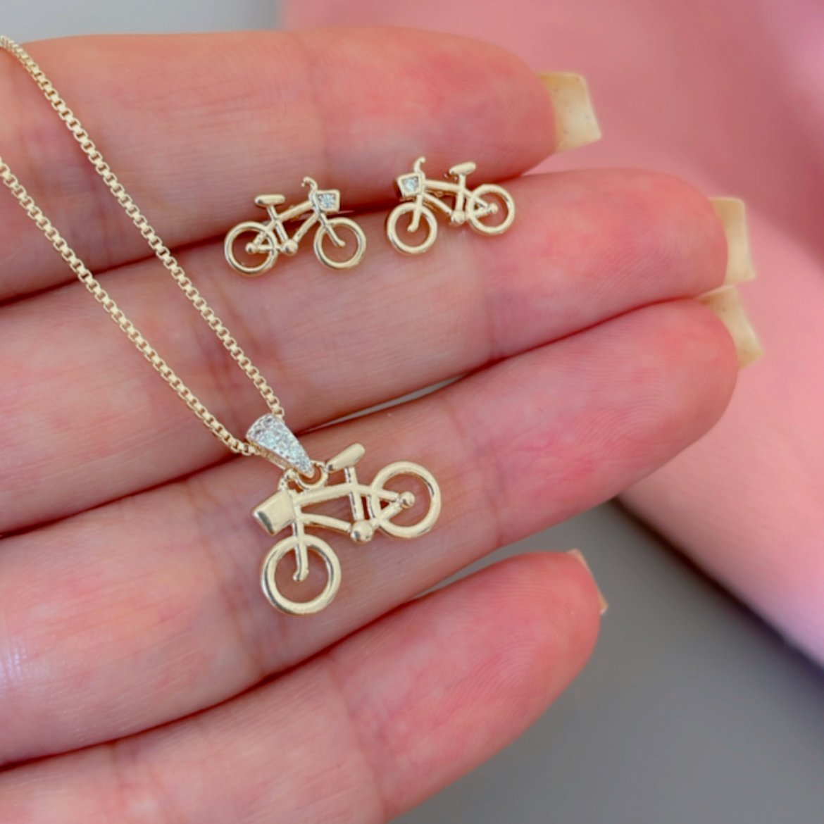 Conjunto Colar e Brincos Bicicleta Banhado a Ouro 18k Dourado 2
