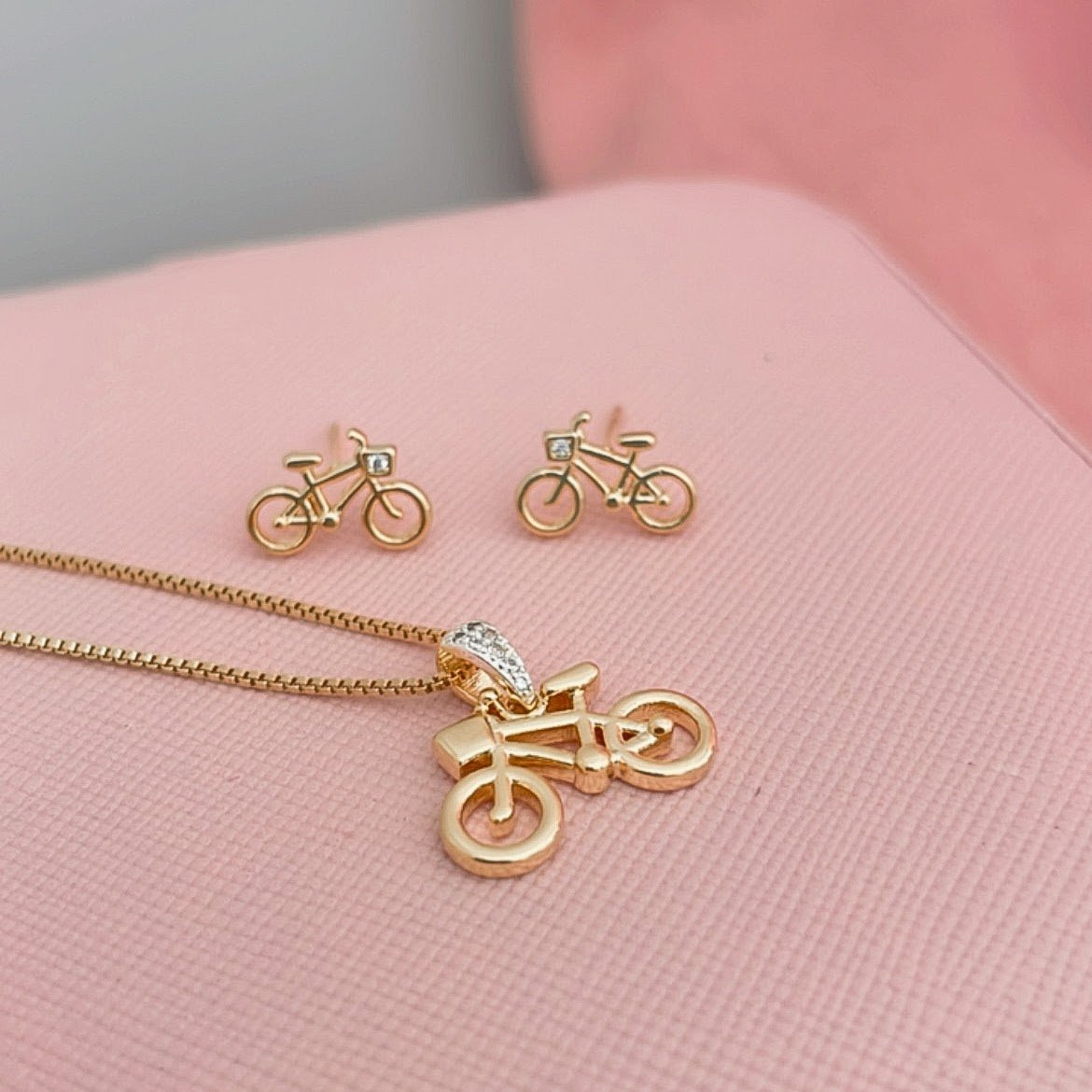 Conjunto Colar e Brincos Bicicleta Banhado a Ouro 18k Dourado 3