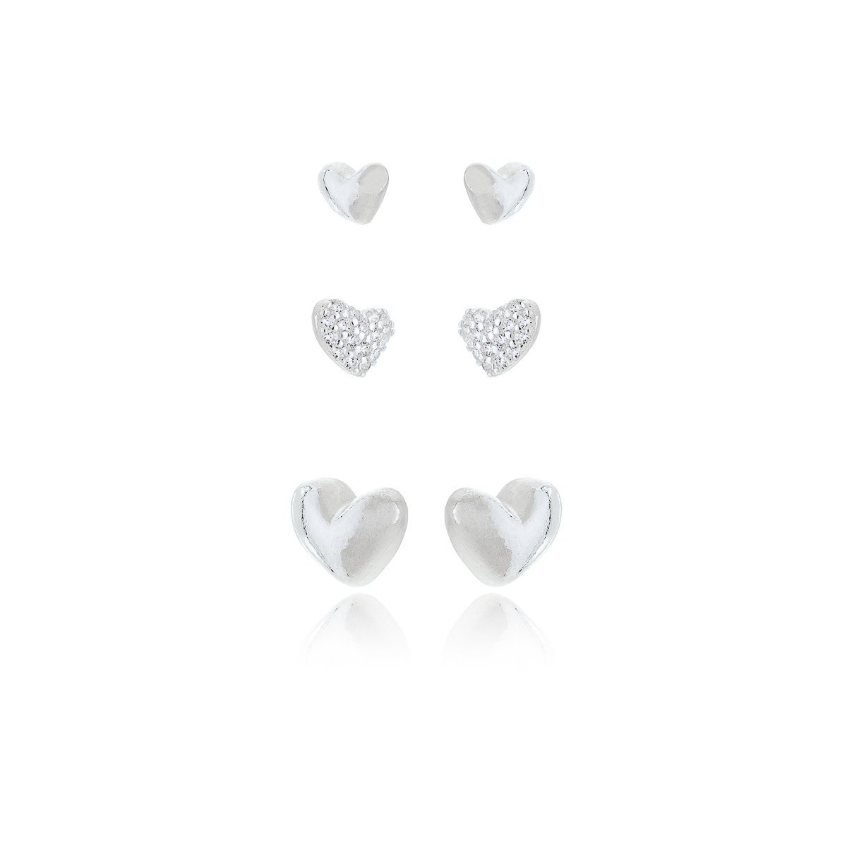 Trio Brincos Corações Polidos Prata 925