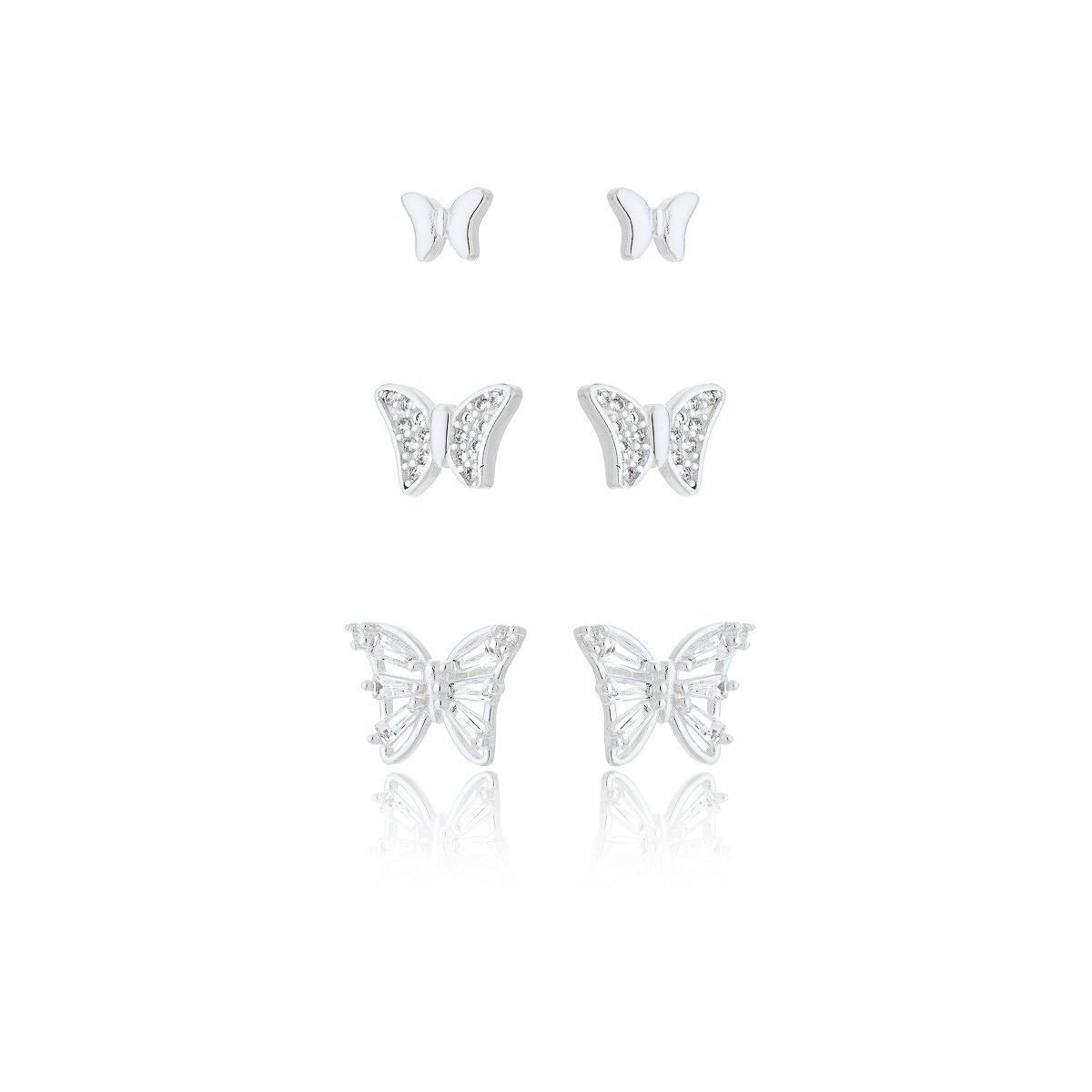 Trio Brincos 3 Borboletas Cravejadas Prata 925