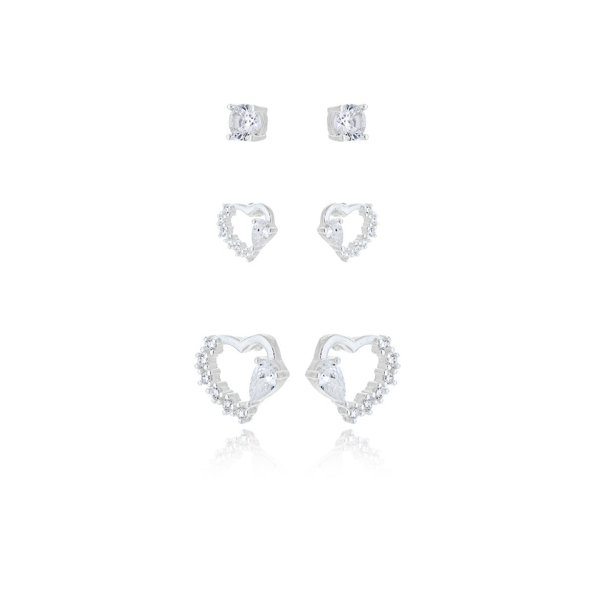 Trio Brincos Corações e Ponto de Luz Cravejadas Prata 925