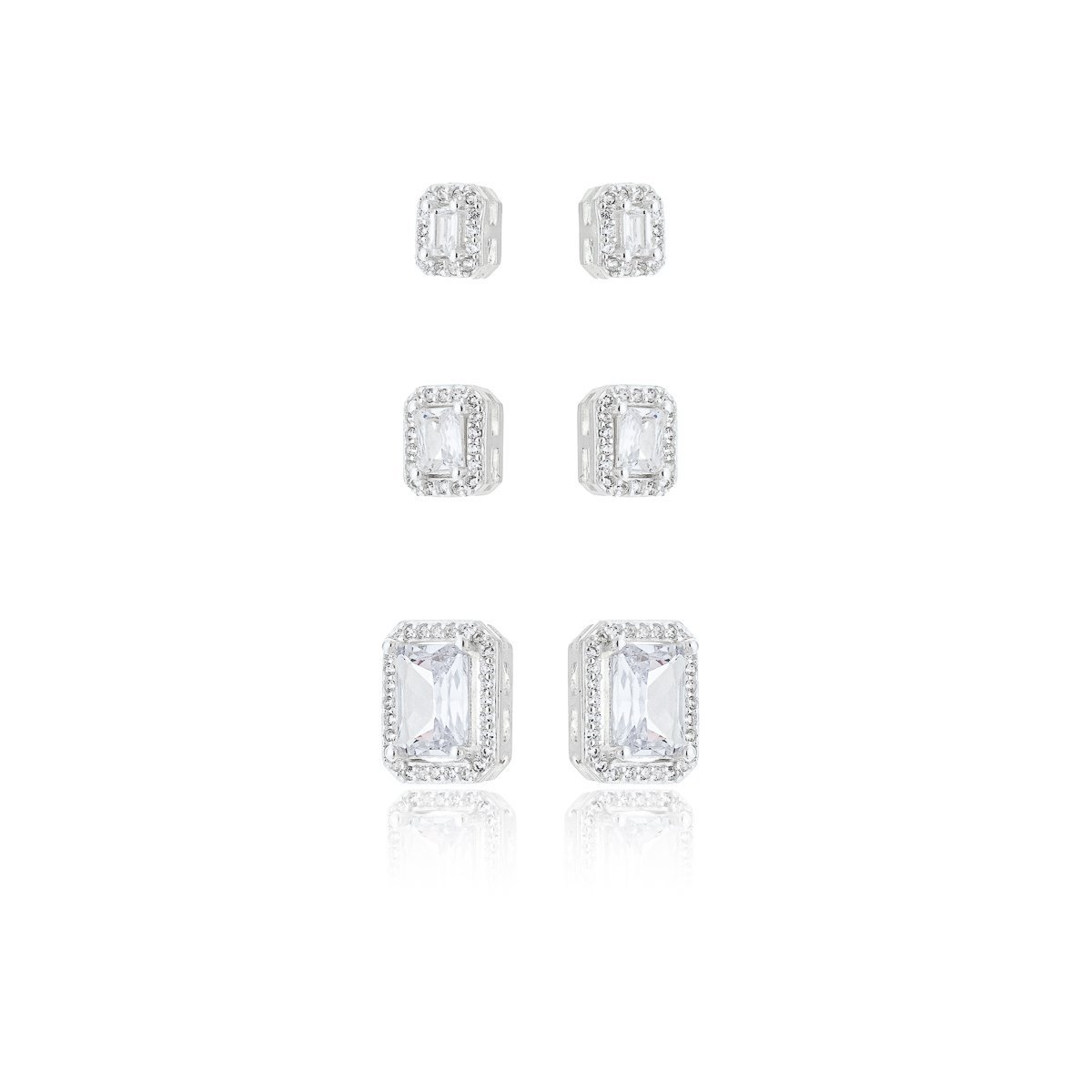 Trio Brincos Retangular Cravejado com Zirconias Prata 925