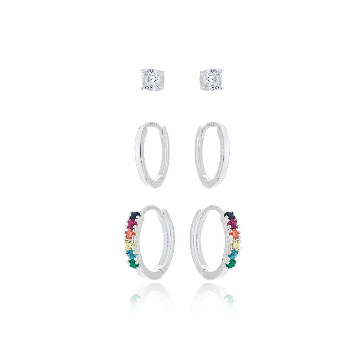 Trio Brincos Argola Colorida, lisa e ponto de Luz Prata 925 Prata 1