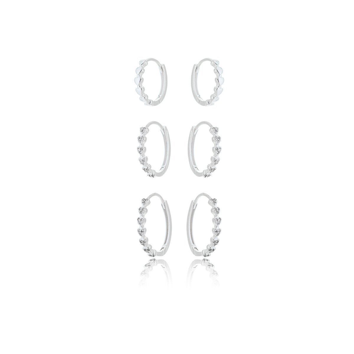 Trio Brincos Argolas ponto de Luz rendados Prata 925