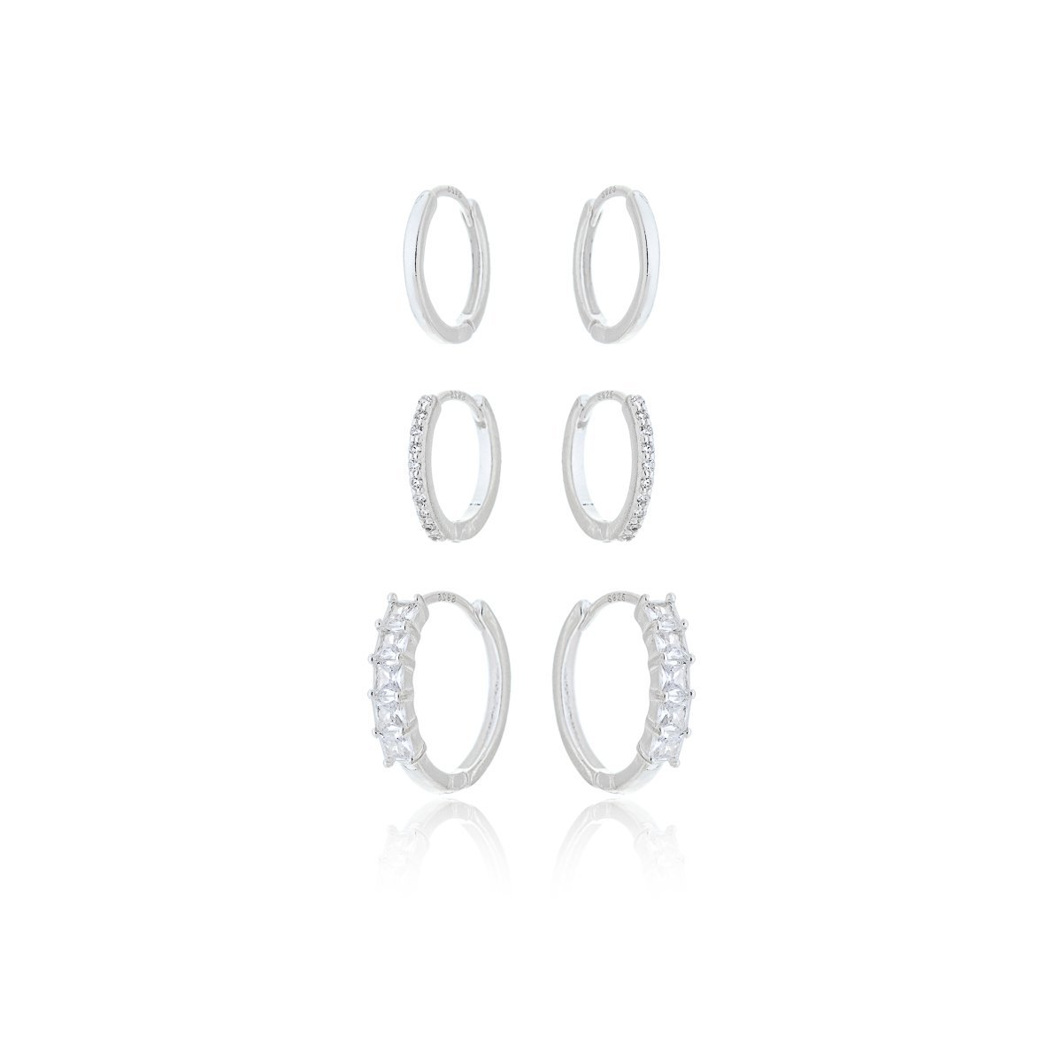 Trio Brincos Argolas Brilhantes com Zirconias Prata 925