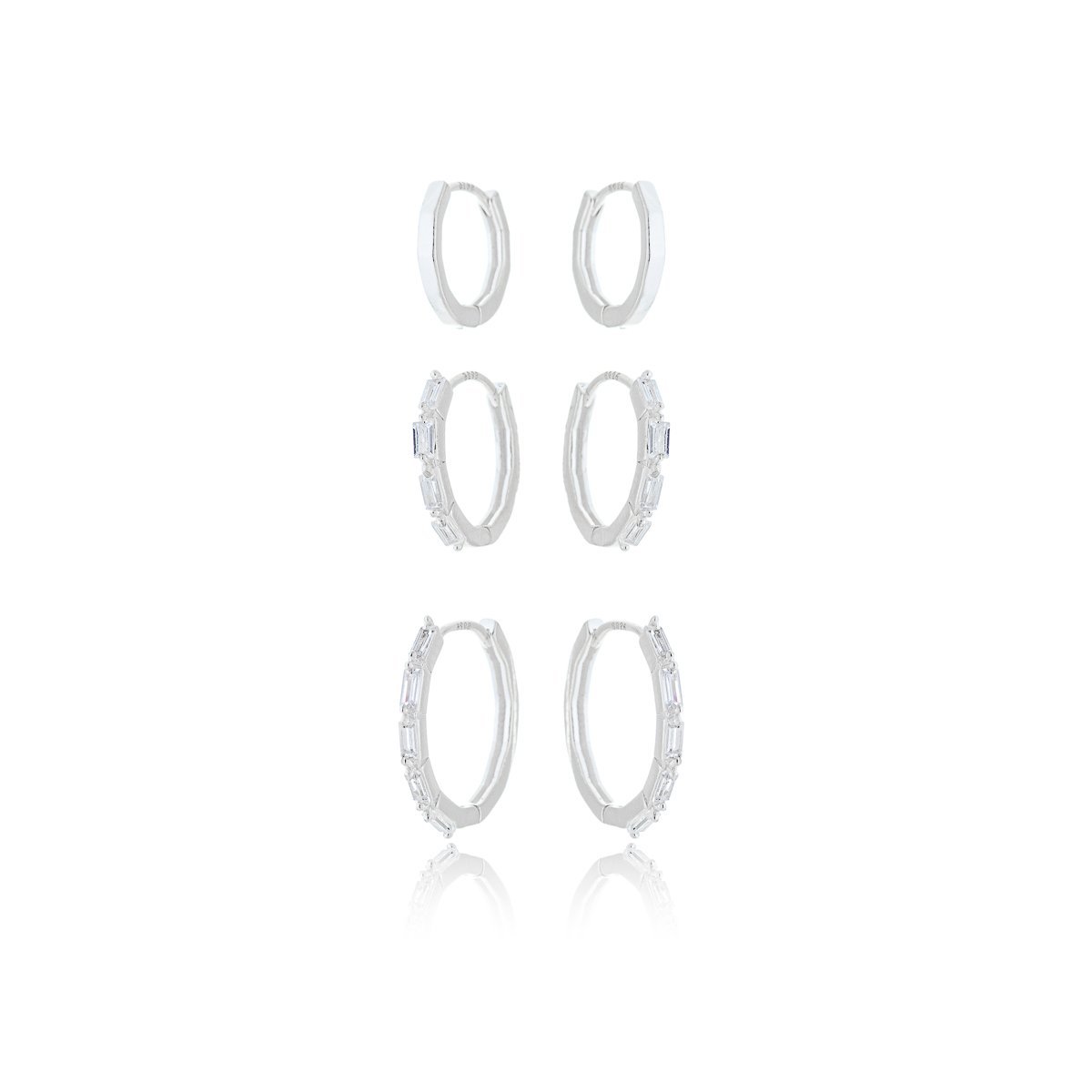 Trio Brincos Argolas Zirconias Retangular Prata 925 Prata 1
