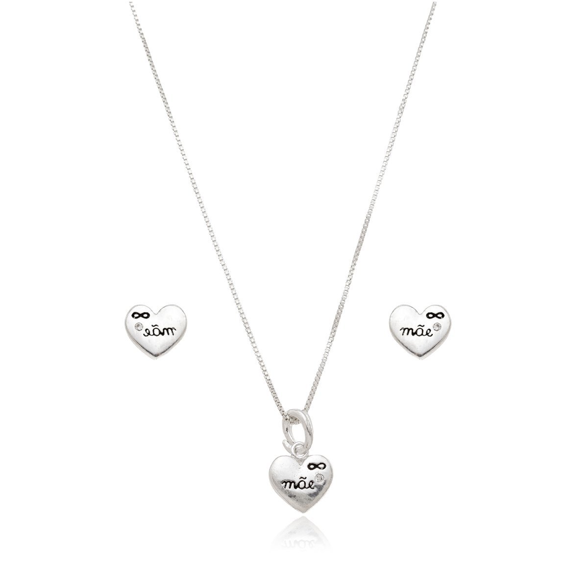 Conjunto Colar e Brincos Coração Mãe Prata 925
