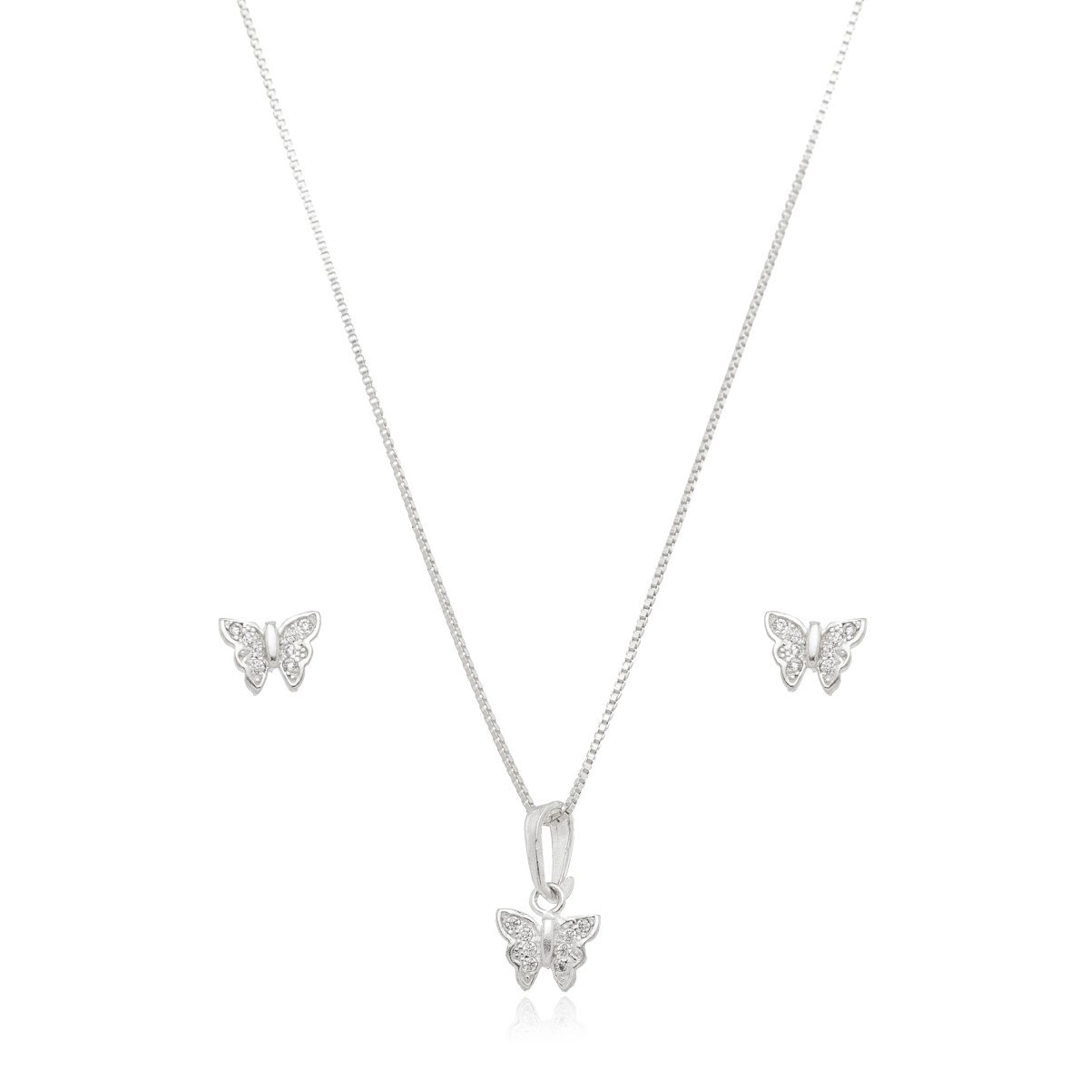 Conjunto Colar e Brincos Borboleta Minimalista Prata 925