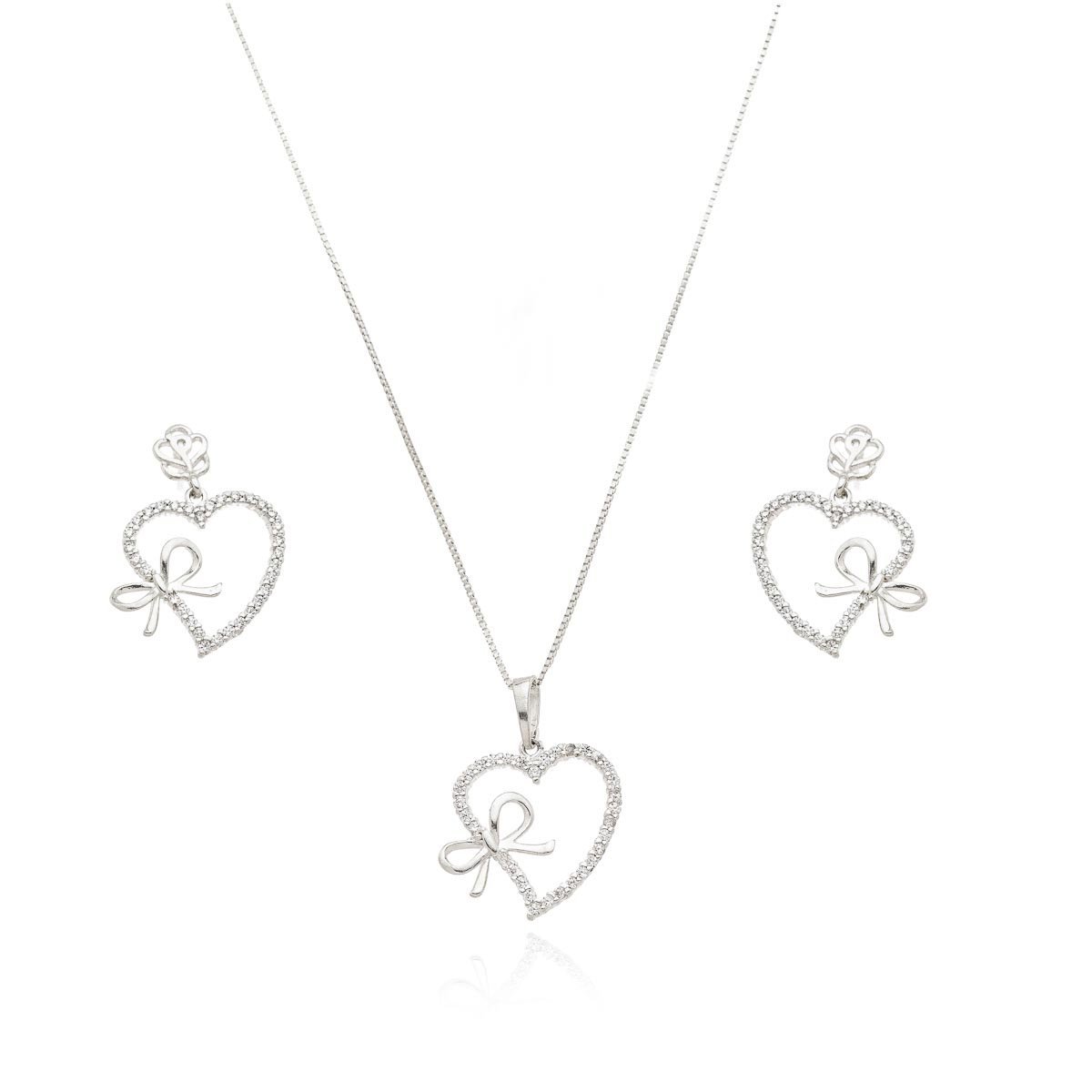 Conjunto Colar e Brincos Coração com Laço Prata 925