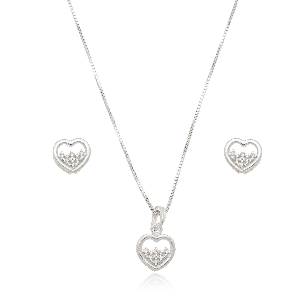 Conjunto Colar e Brincos Coração Cravejado Prata 925