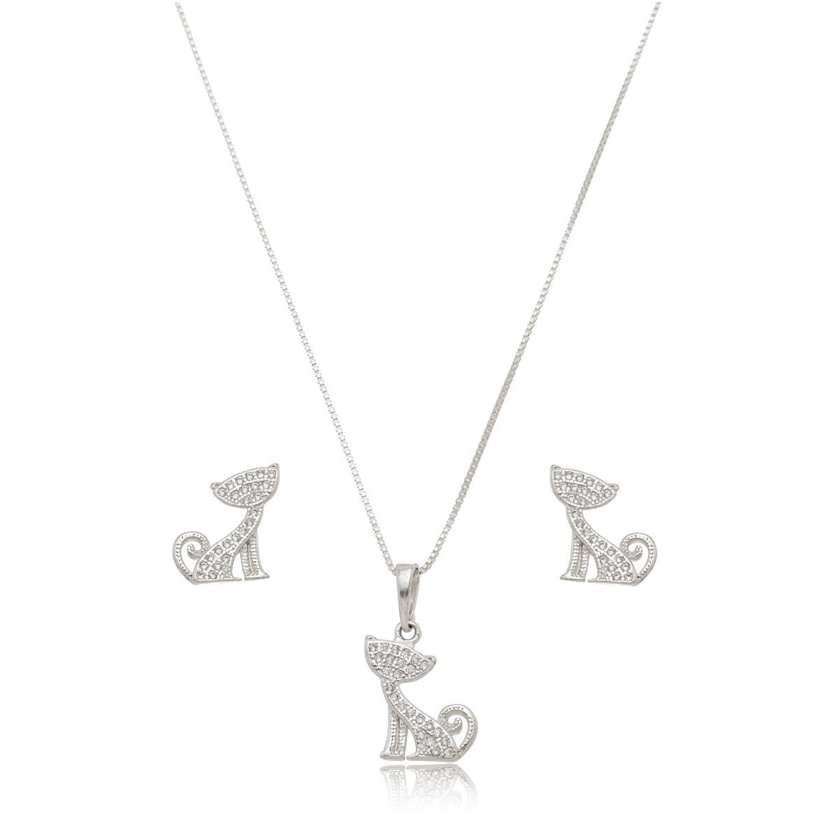 Conjunto Colar e Brincos Gato Charmoso Prata 925 Prata 1