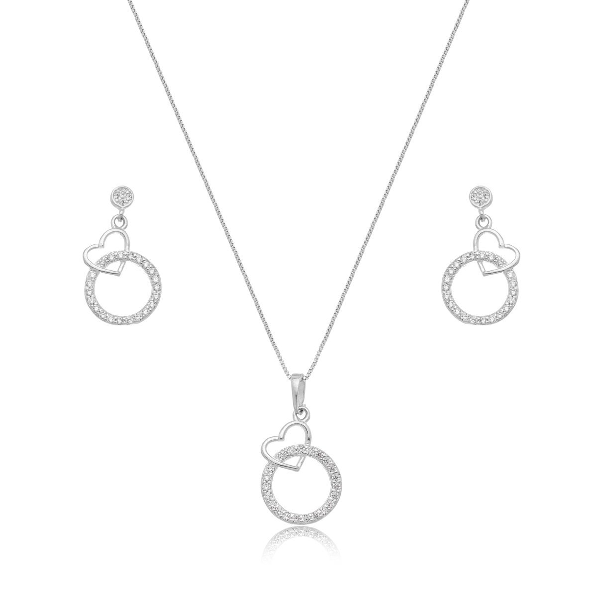 Conjunto Colar e Brincos Circulo com Coração Prata 925 Prata 1