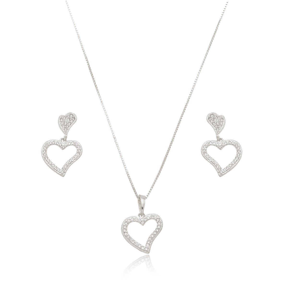 Conjunto Colar e Brinco Coração Cravejado Feminino Prata 925