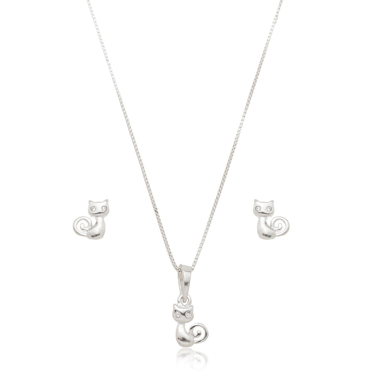 Conjunto Colar e Brincos Gato Prata 925