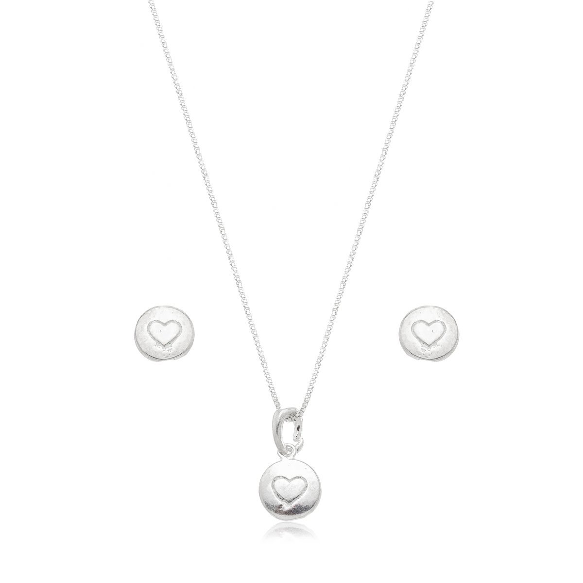 Conjunto Colar e Brincos Detalhe Coração Prata 925