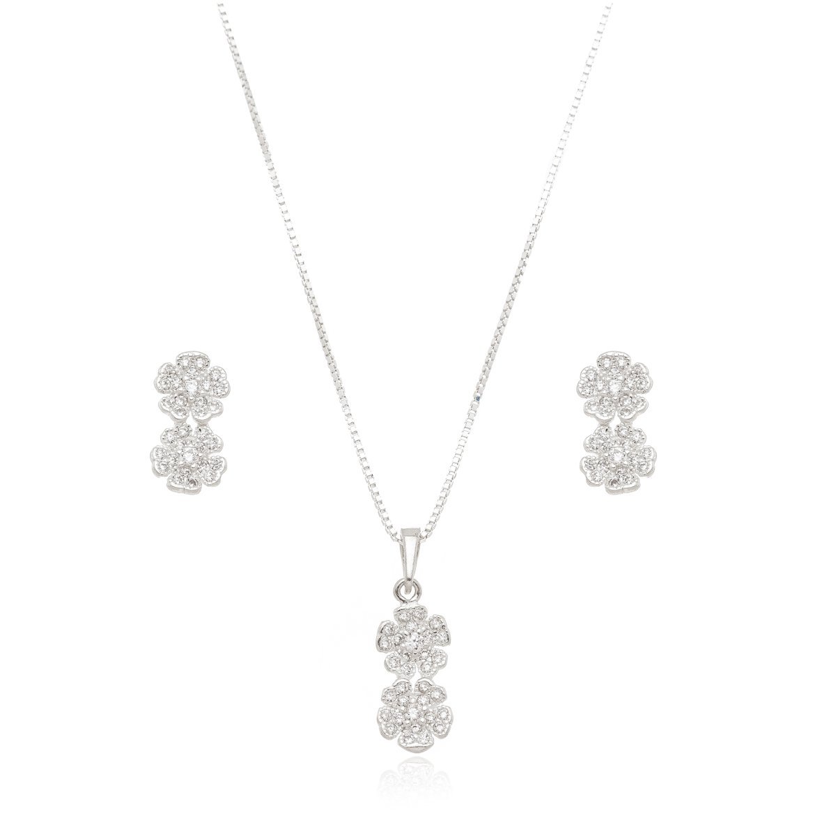 Conjunto Colar e Brincos Flor dupla Prata 925