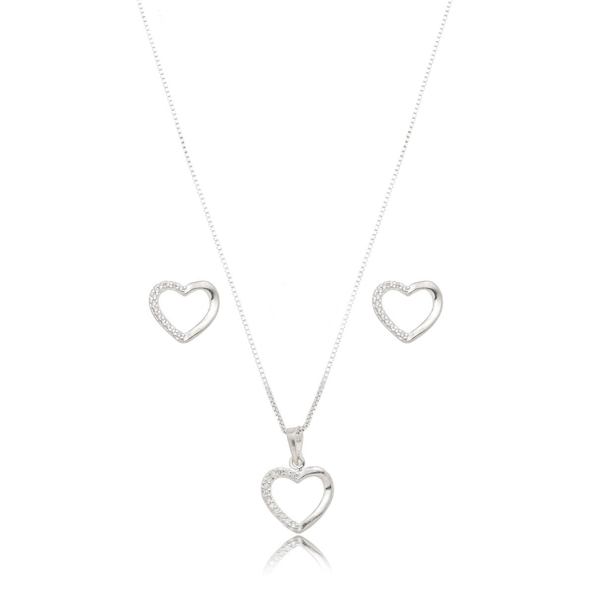 Conjunto Colar e Brincos Coração Lateral Cravejado Prata 925