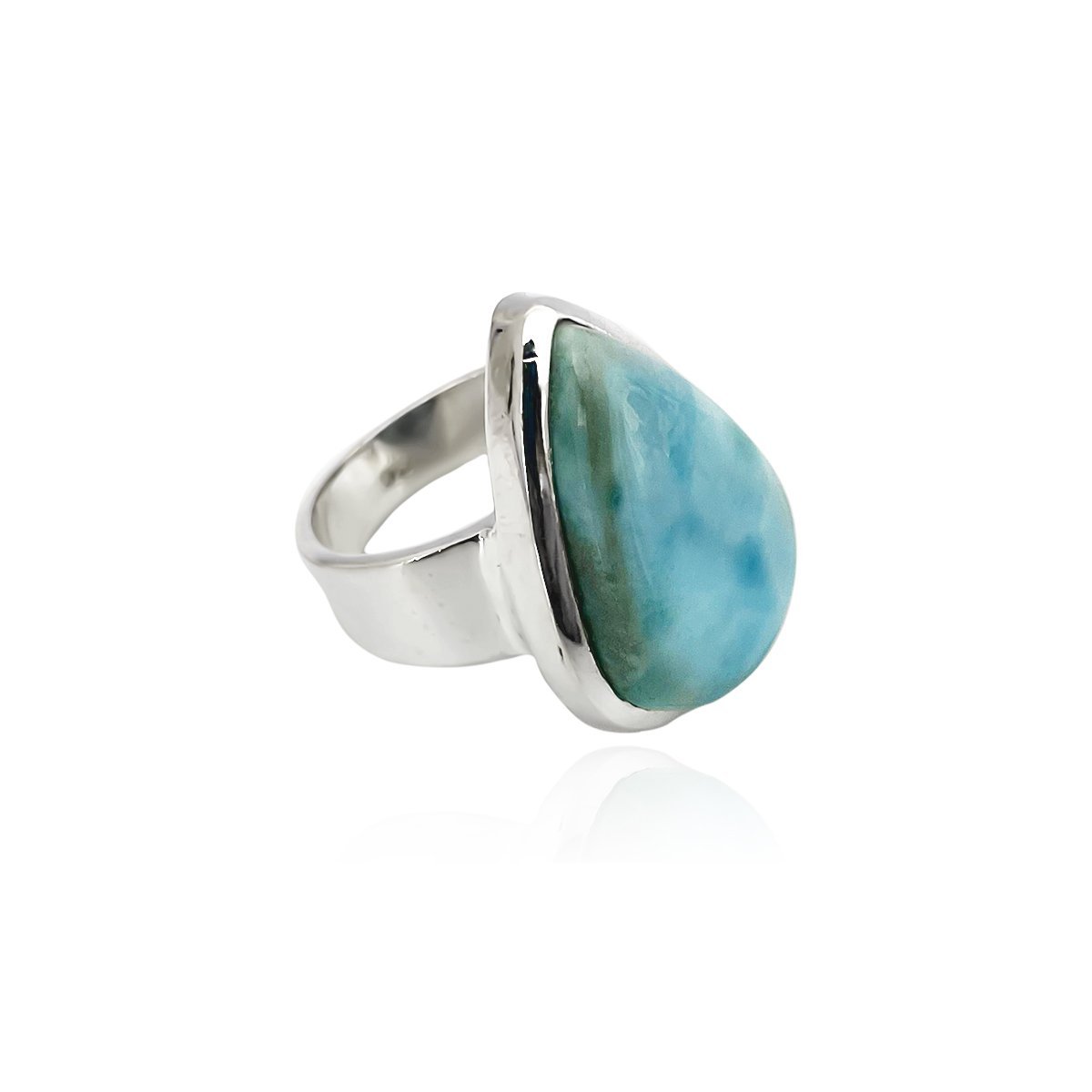 Anel Pedra Natural Larimar com Detalhe Polido Prata 925