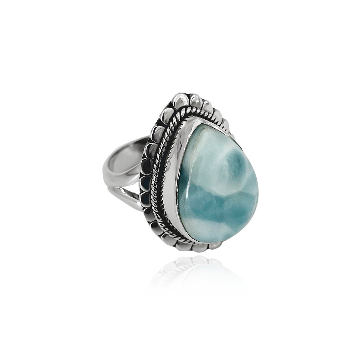 Anel Pedra Natural Larimar com Detalhes em Prata de Bali 925