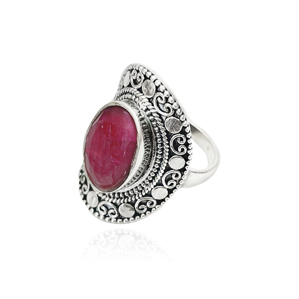 Anel Pedra Rubi Indiano com detalhes na Lateral Prata 925 Prata/Rosa 1