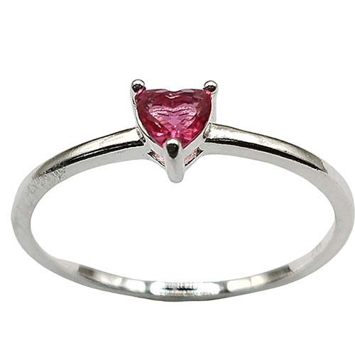 Anel Solitário Coração Vermelho  Prata 925
