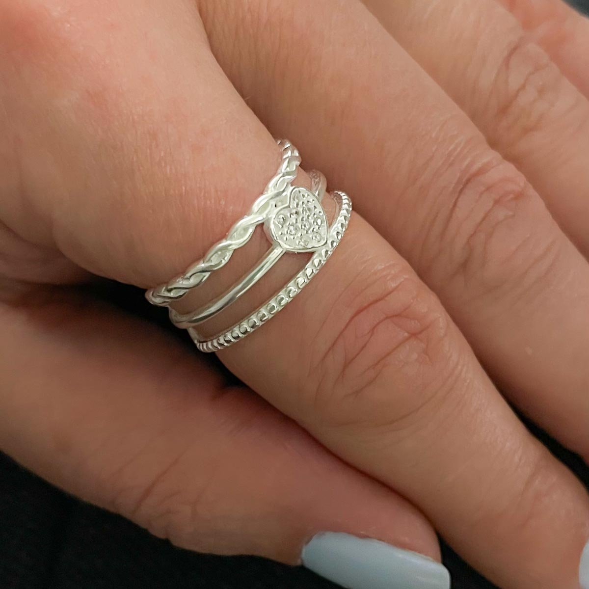 Anel Triplo liso com centro cravejado em Prata 925 Prata 2